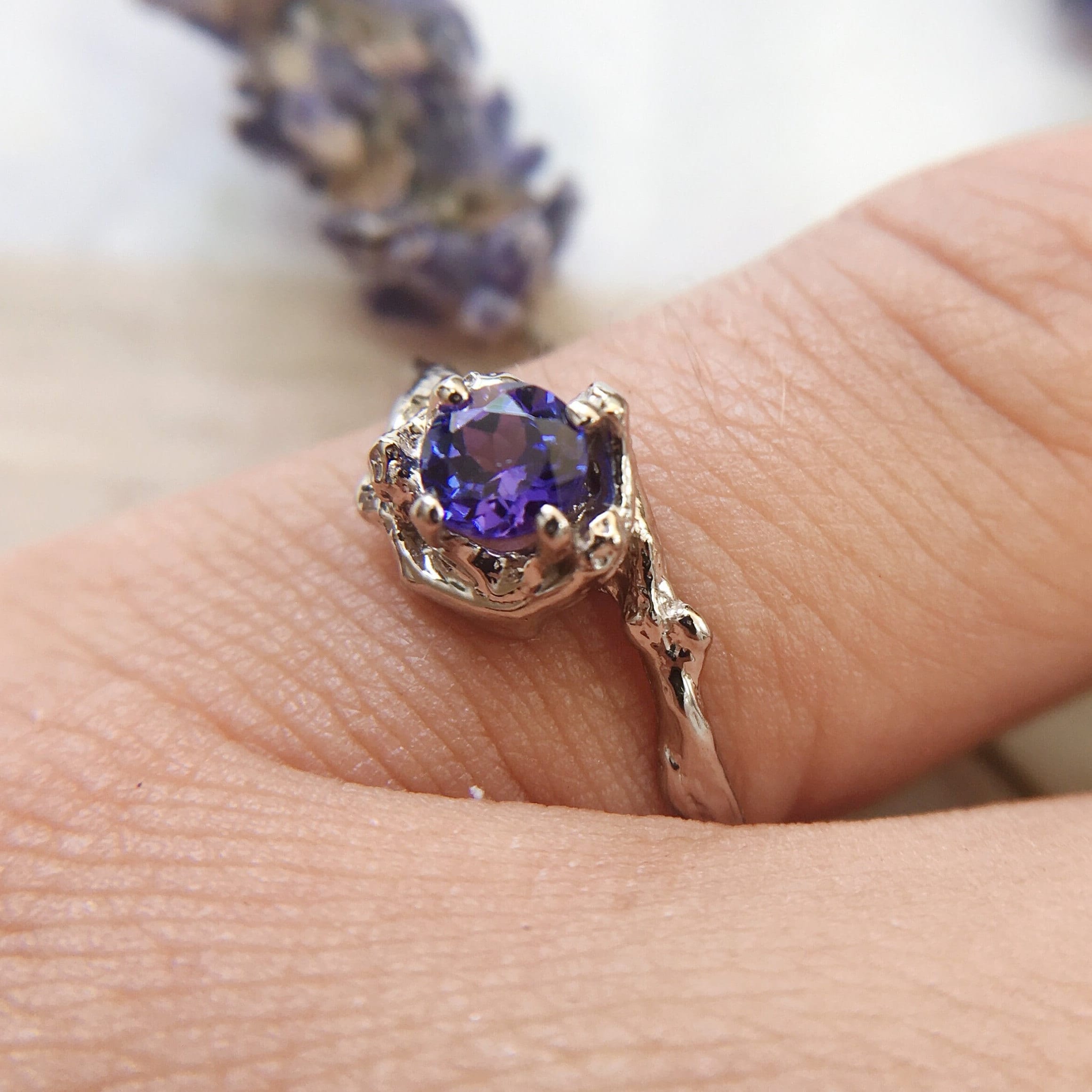 Petite Naples Tanzanite Solitaire Ring | Small Tanzanite Engagement Ring, Handcrafted Purple Gemstone Nature Ring, December Birthstone Ring