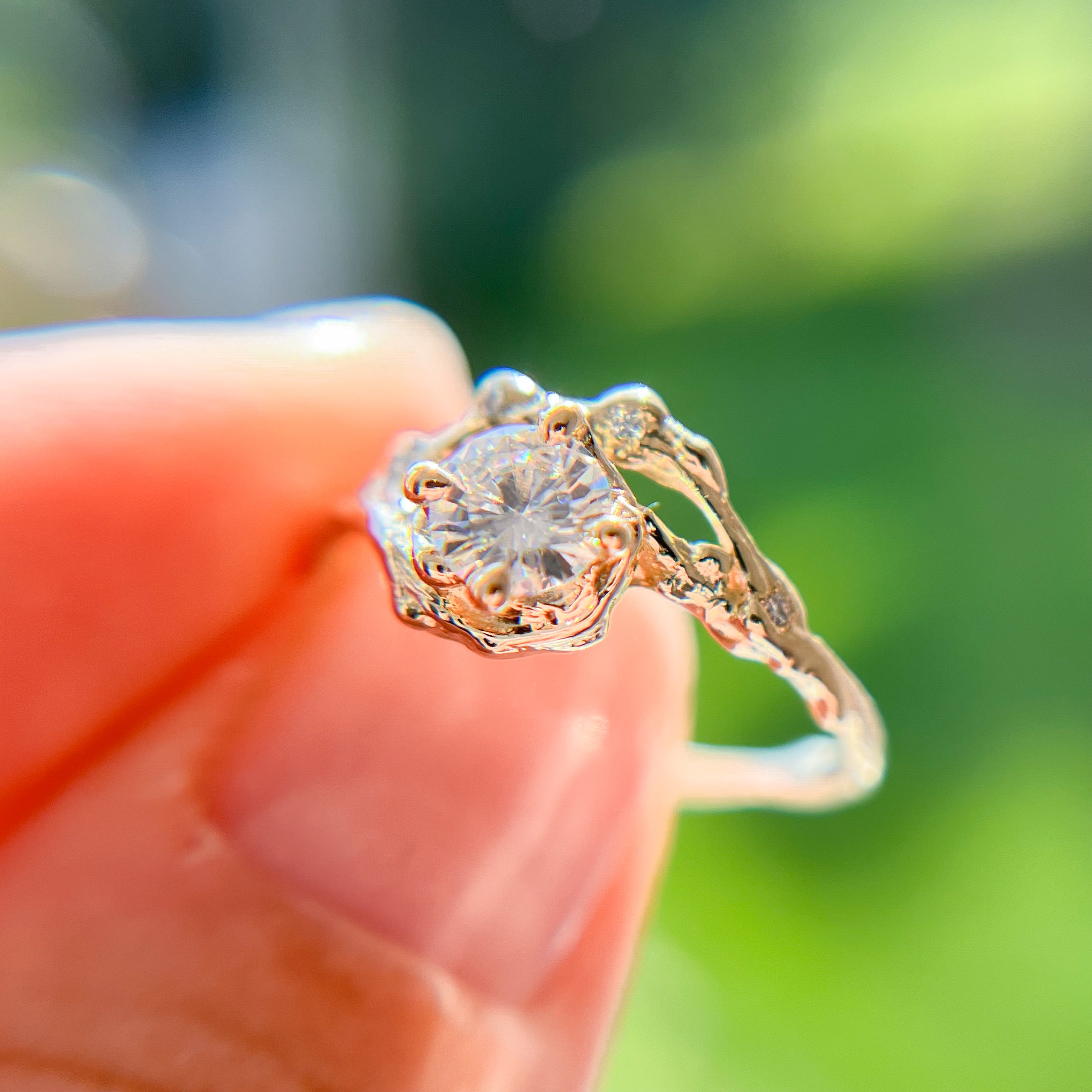 Nature-inspired solitaire engagement ring with bark texture