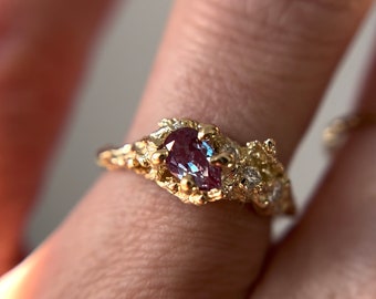 Juniper Alexandrite and Diamond Ring | Organic Fairy Inspired Engagement Ring, Unique Cluster Nature Ring, Handmade June Birthstone Ring