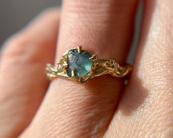 Woodland Montana Sapphire Ring | Nature Inspired Engagement Ring, Alternative Engagement Ring in Gold, Handmade Rough Montana Sapphire Ring