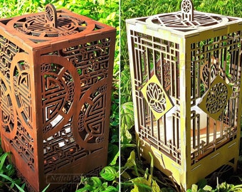 Juego de 2 faroles orientales, candelabros LED, lámparas de té de madera, plantillas SVG cortadas con láser, decoración de jardín japonés y chino
