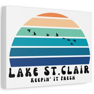 Lake St. Clair canvas muurkunst 9 x 12 retro zonsondergang ontwerp grote meren decor cadeau voor watersporters sportvissers liefhebbers van het meer vissen varen gratis verzending