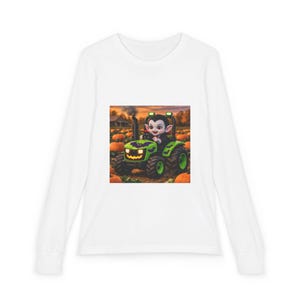 Vampire Kid on Green Tractor Youth Long Sleeve Tee | Halloween Pumpkin Patch