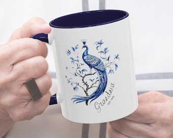 Taza del Día de la Madre con Nombre Personalizado, Taza de Pavo Real Personalizada, Taza de Café para Mamá, Regalo Personalizado, Estilo Chinoiserie, Elegante Azul, Regalo Perfecto para Ella abeo