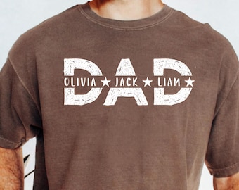 Camiseta Comfort Colors Vintage para papá con nombres de los niños, regalo de cumpleaños personalizado para papá