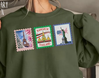 Sudadera de viaje, sudadera de cuello redondo con estampado de vacaciones, camiseta París Bangkok Nueva York, regalo de viaje con postal
