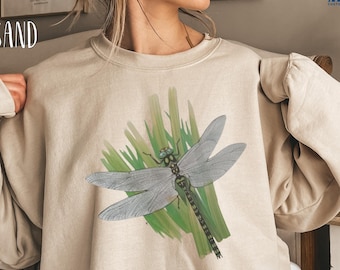 Sudadera vintage con diseño de libélulas, cuello redondo con estampado botánico único, regalo ideal para amantes de los insectos, jersey con estética verde.