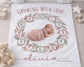 Manta personalizada para bebés conmemorando hitos, manta con foto mensual y nombre personalizado, manta para el primer año del bebé, regalo para niña y niño.