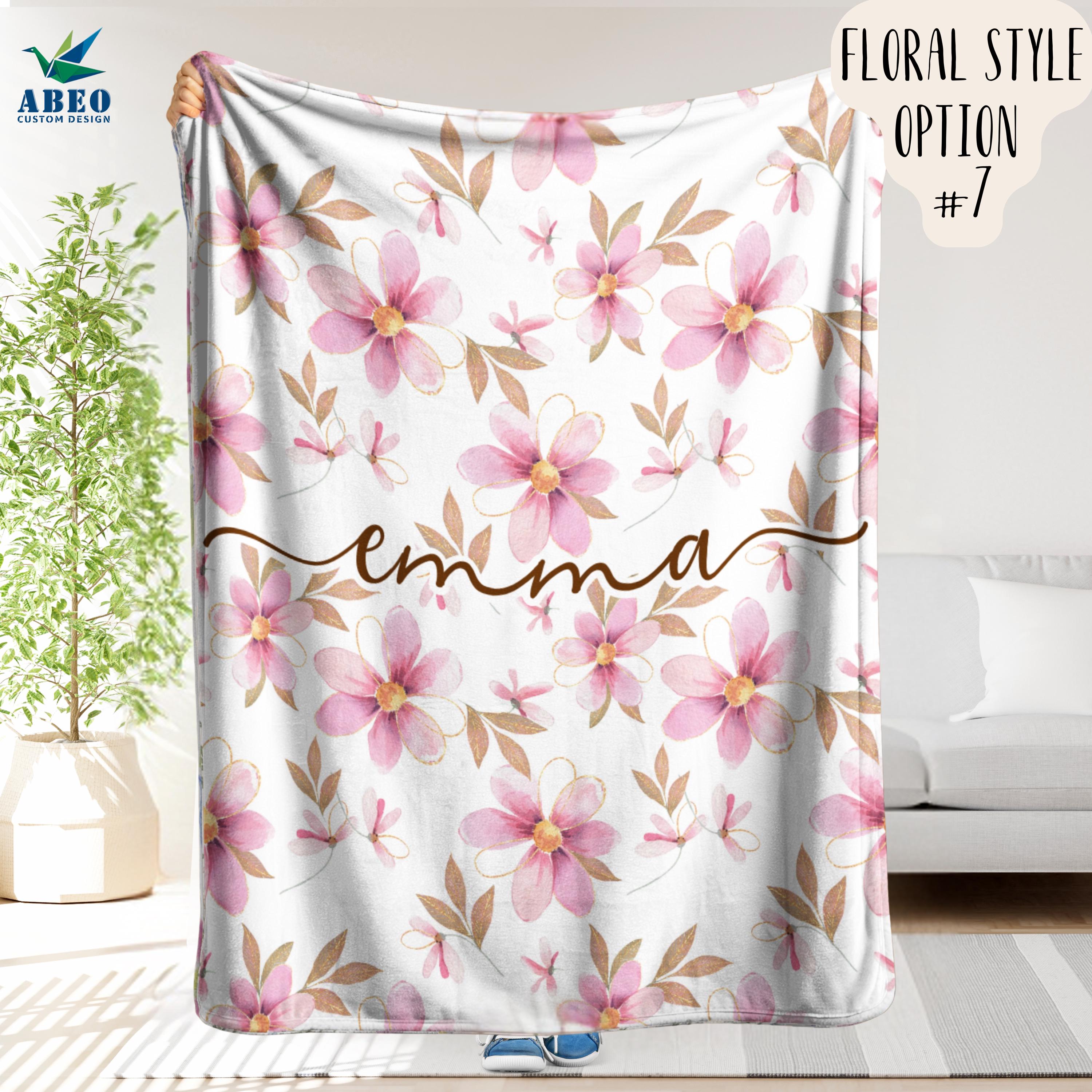 Floral Name Blanket for Girls, Personalized Boho Watercolor Nursery Throw, Soft Fleece or Sherpa, Custom Wildflower Baby Shower Gift | abeo