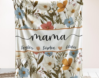 Manta personalizada para mamá con los nombres de los niños, manta floral en acuarela, regalo personalizado para mamá, manta acogedora de terciopelo Sherpa, regalo para madres
