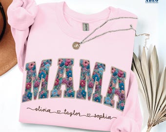 Sudadera personalizada con estampado floral para mamá con nombres de los niños, cuello redondo con bordado floral sintético para mamá, regalo vintage personalizado para mamá, conjunto de camiseta para el Día de la Madre.
