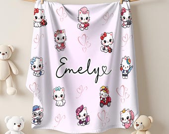 Custom Kitty Name Blanket, Personalized Kid Gift Xmas, Velveteen Minky or Sherpa Fleece Throw, Preppy Cute Kawaii Cat Tween Girl Gift | abeo