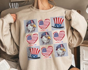 Sudadera America 250, cuello redondo con águila patriótica, sudadera con corazón y bandera de EE. UU., jersey Coquette America 250, regalo para mujer de EE. UU.