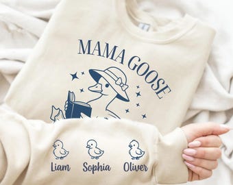 Sudadera personalizada con diseño lineal de ganso mamá y nombres de niños en la manga, regalo minimalista personalizado para mamá, regalo de cumpleaños para mamá primeriza.