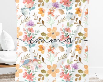 Manta floral con nombre para niñas, manta personalizada de acuarela bohemia para guardería, suave forro polar o sherpa, regalo personalizado de flores silvestres para baby shower | abeo