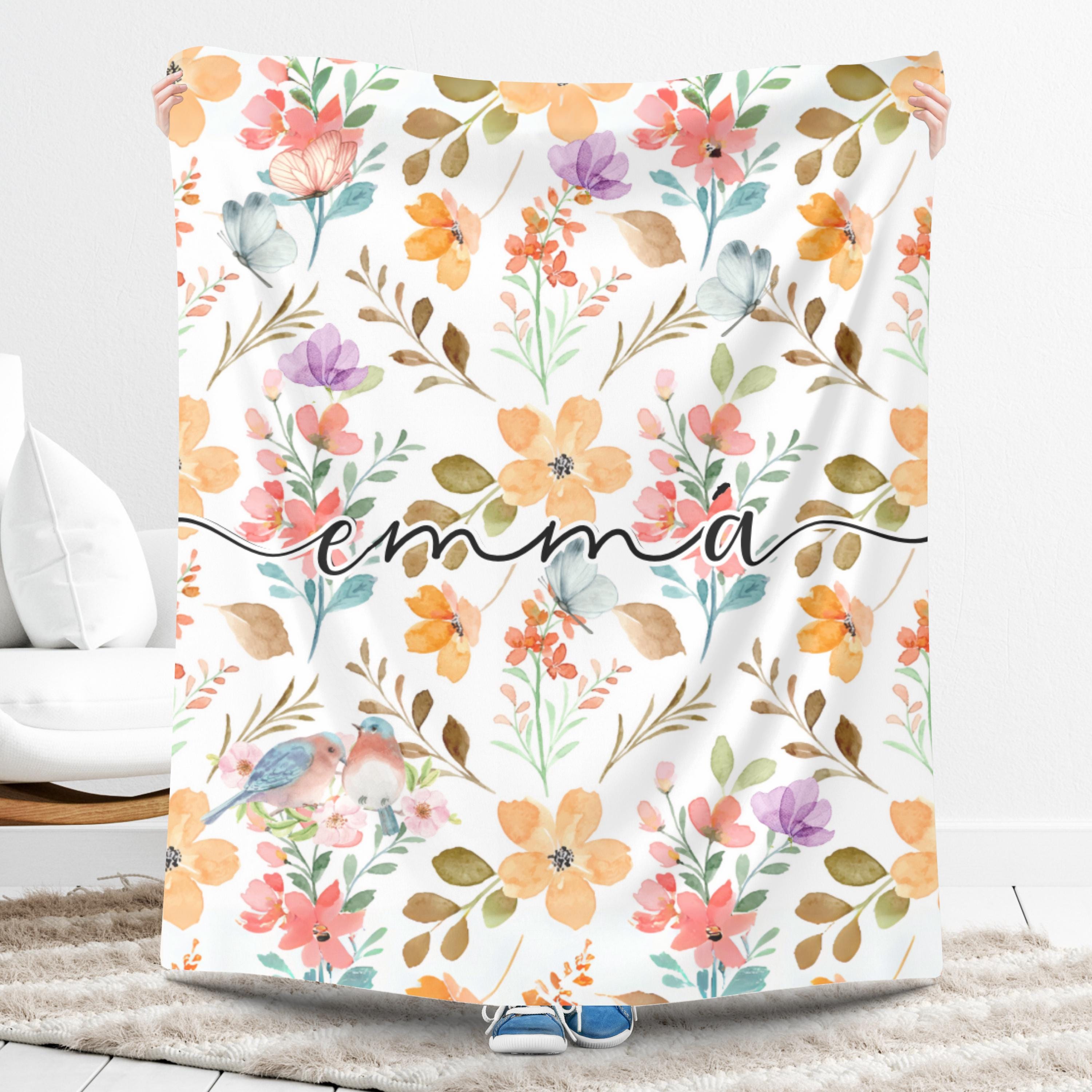 Floral Name Blanket for Girls, Personalized Boho Watercolor Nursery Throw, Soft Fleece or Sherpa, Custom Wildflower Baby Shower Gift | abeo
