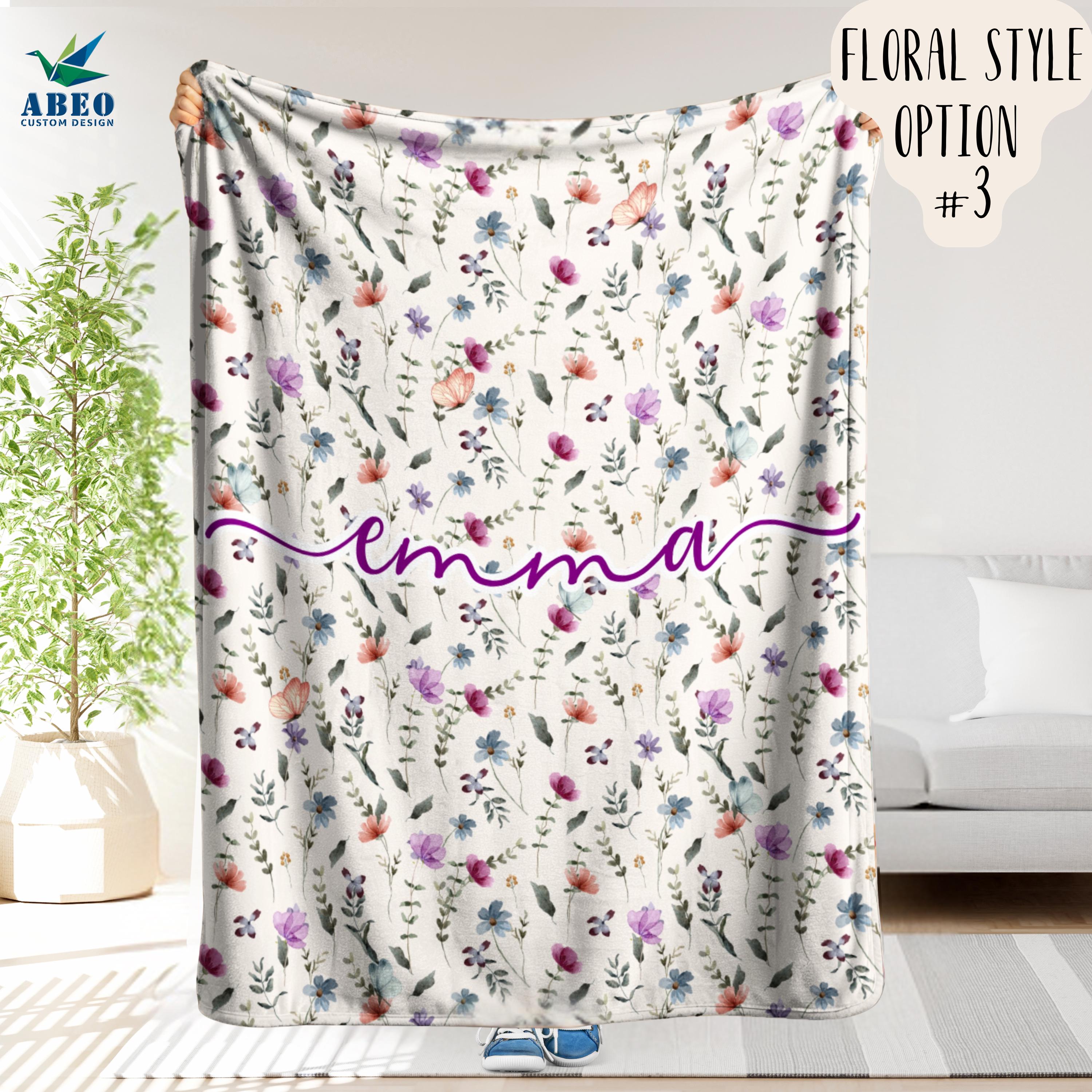 Floral Name Blanket for Girls, Personalized Boho Watercolor Nursery Throw, Soft Fleece or Sherpa, Custom Wildflower Baby Shower Gift | abeo