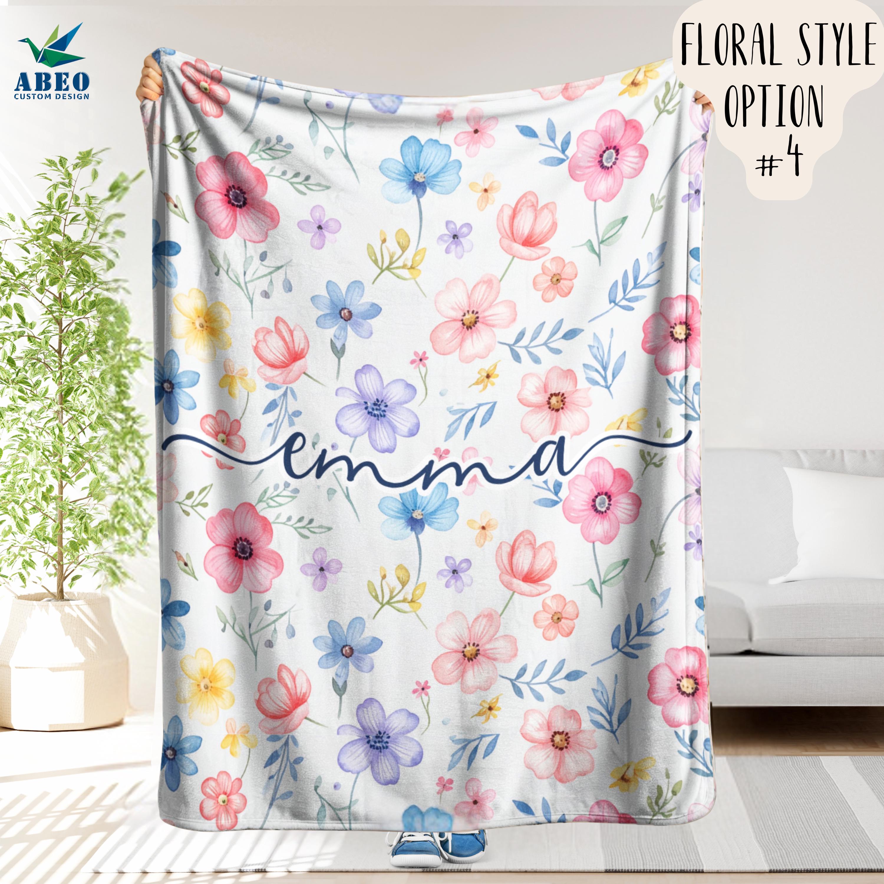 Floral Name Blanket for Girls, Personalized Boho Watercolor Nursery Throw, Soft Fleece or Sherpa, Custom Wildflower Baby Shower Gift | abeo