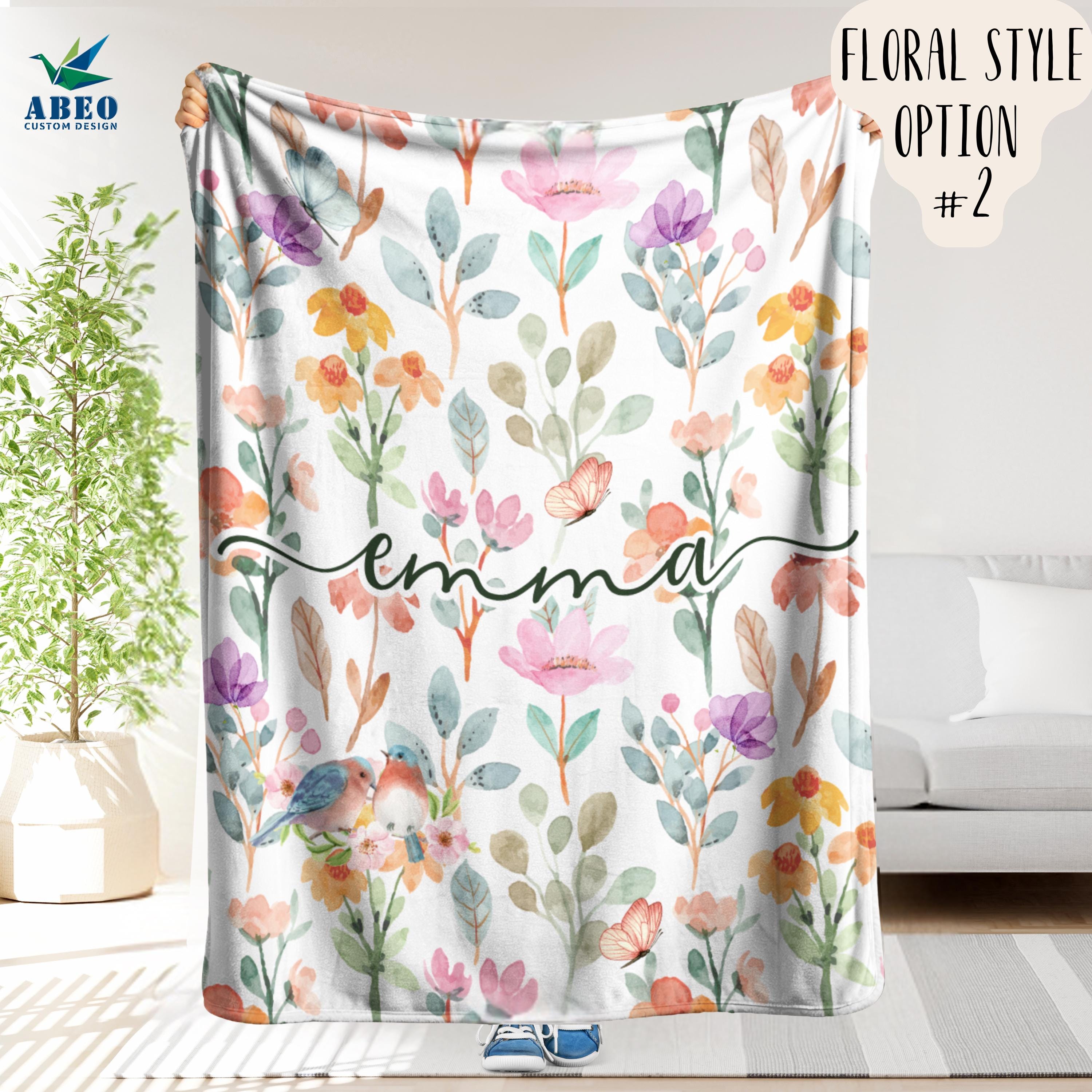 Floral Name Blanket for Girls, Personalized Boho Watercolor Nursery Throw, Soft Fleece or Sherpa, Custom Wildflower Baby Shower Gift | abeo