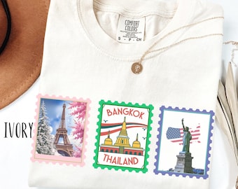 Camiseta con estampado de viaje, camiseta con gráfico de vacaciones, camiseta París Bangkok Nueva York, camiseta con estética de postal, regalo para viajeros, camiseta Comfort Colors