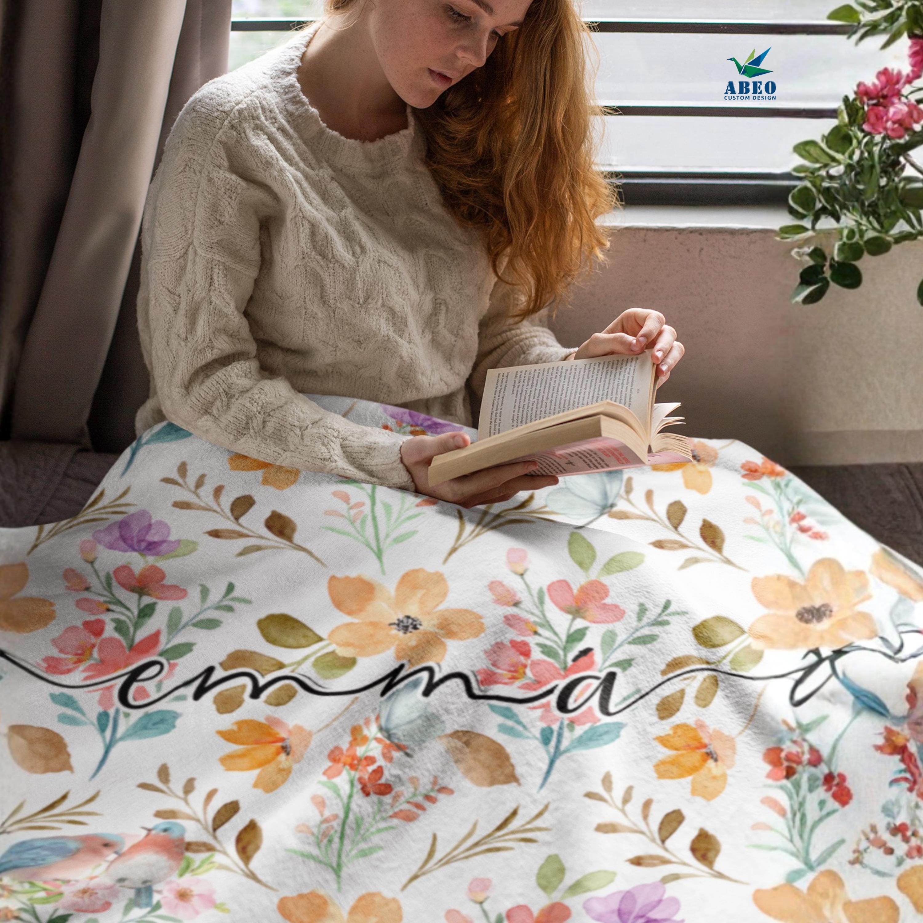 Floral Name Blanket for Girls, Personalized Boho Watercolor Nursery Throw, Soft Fleece or Sherpa, Custom Wildflower Baby Shower Gift | abeo