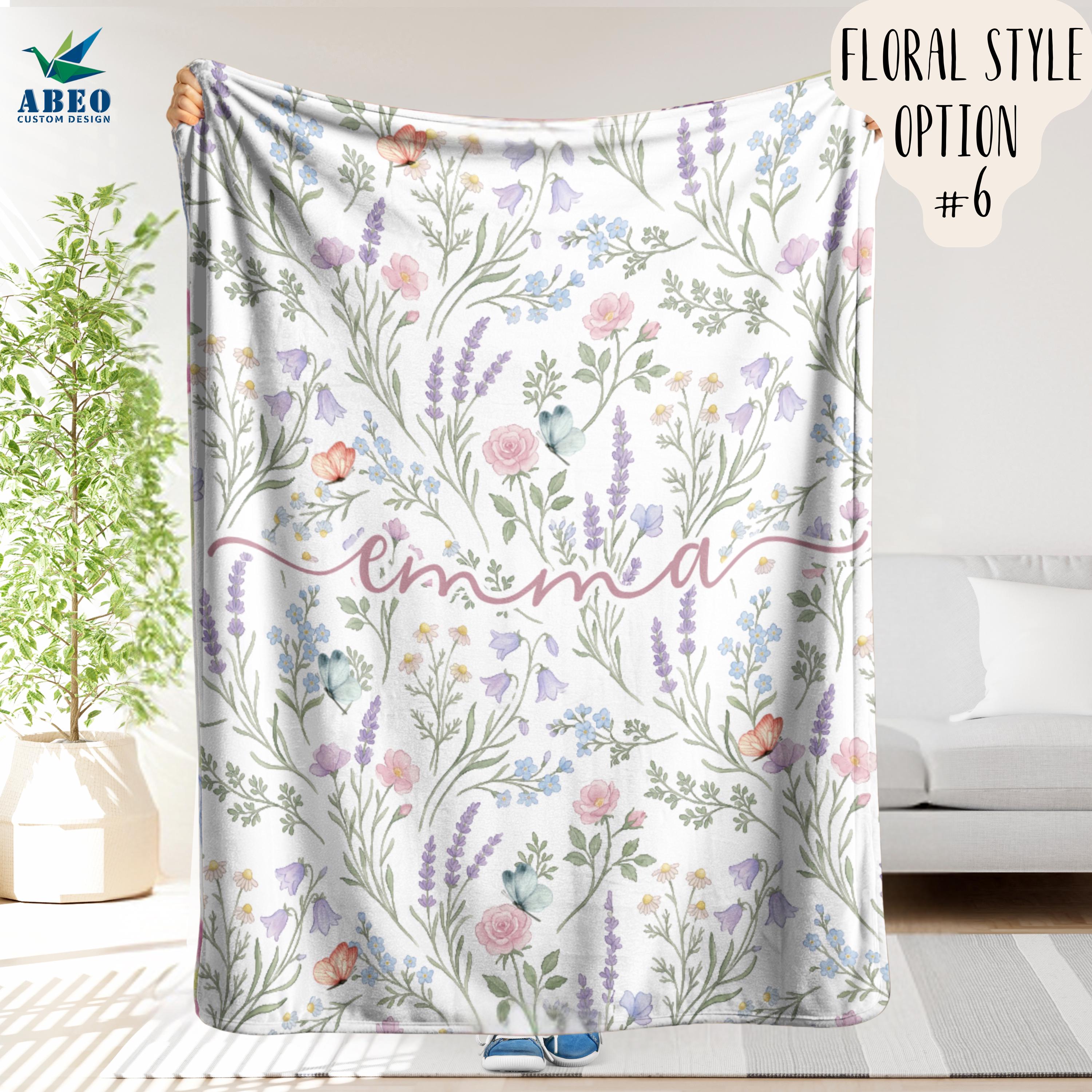 Floral Name Blanket for Girls, Personalized Boho Watercolor Nursery Throw, Soft Fleece or Sherpa, Custom Wildflower Baby Shower Gift | abeo