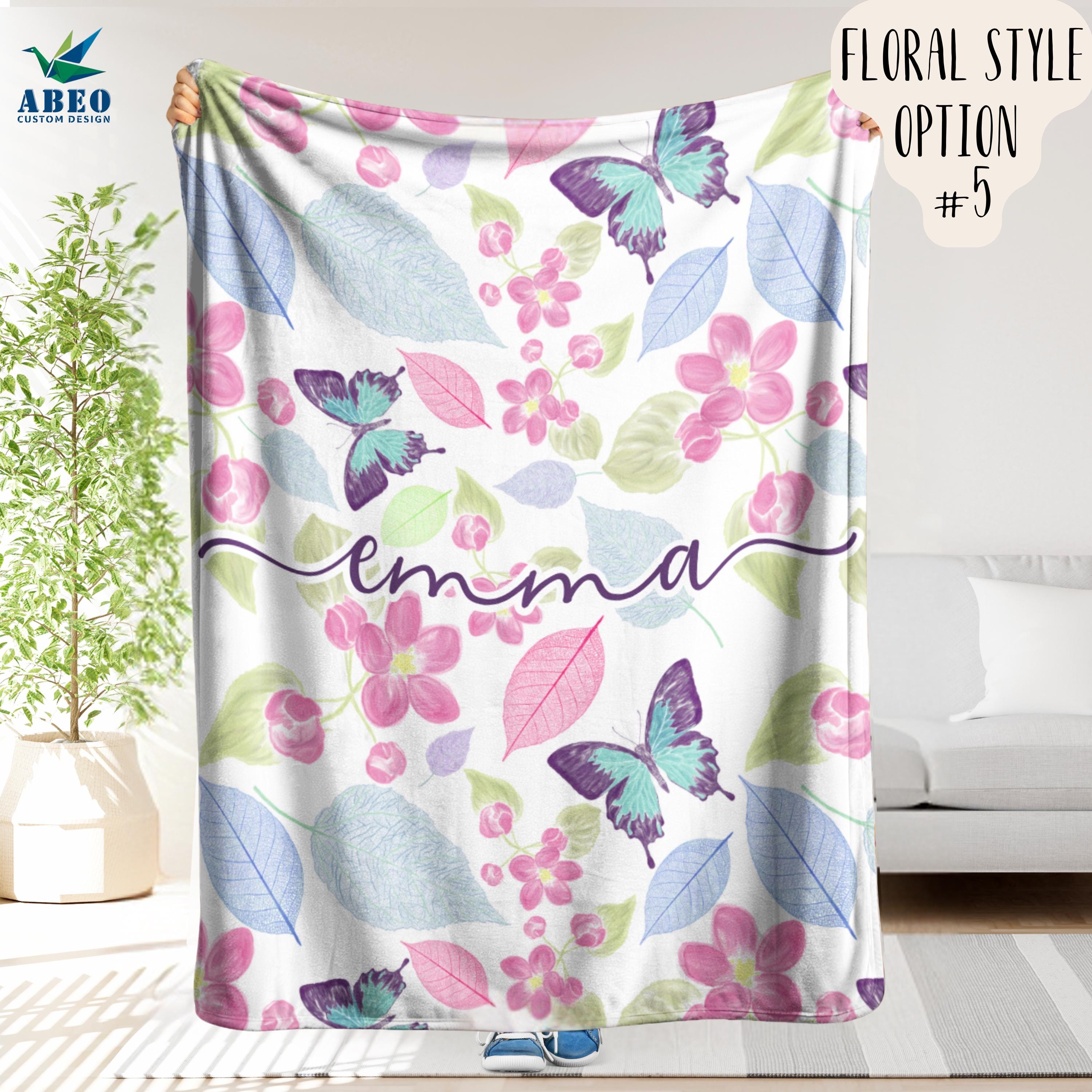 Floral Name Blanket for Girls, Personalized Boho Watercolor Nursery Throw, Soft Fleece or Sherpa, Custom Wildflower Baby Shower Gift | abeo