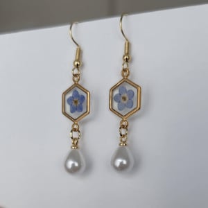 Forget-Me-Not Resin Flower Earrings | Real Pressed Flower Jewelry | Gold Hexagon Pearl Drop Earrings | Handmade Gift for Her| Dainty