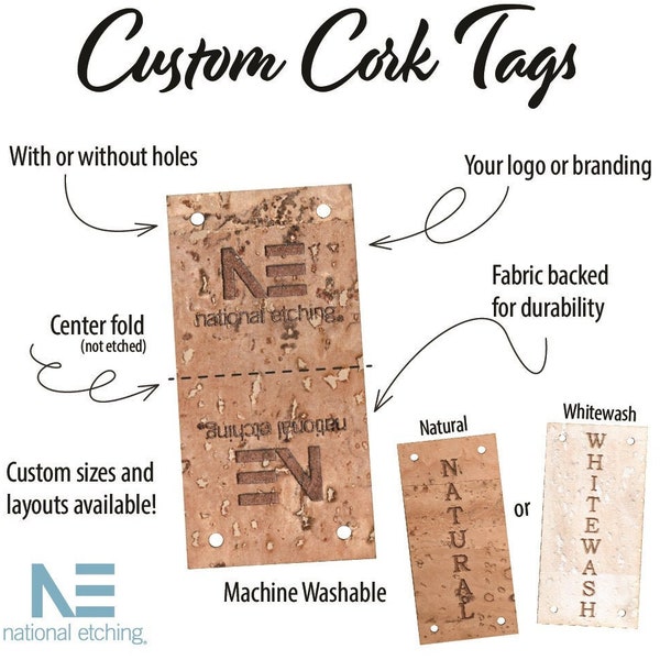 Cork fabric labels customized with your graphic or logo, 1x2 inch, cork tag marked in the USA