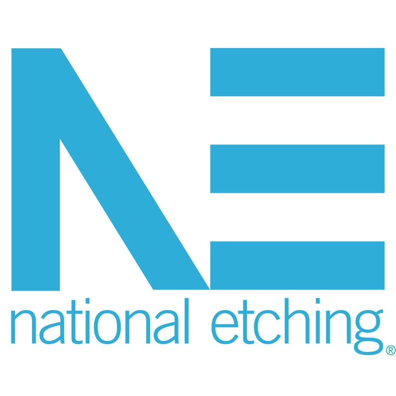 May include: A blue logo with the letters "NE" in a stylized font. The text "national etching" appears below the logo.