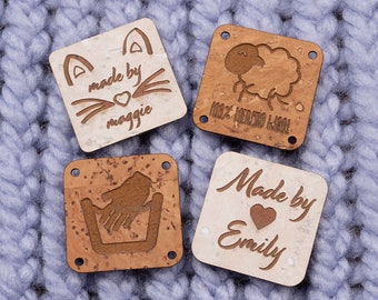 Square cork fabric label 1" x 1" with your graphic or logo, cork tag marked in the USA, knitting label, quilting