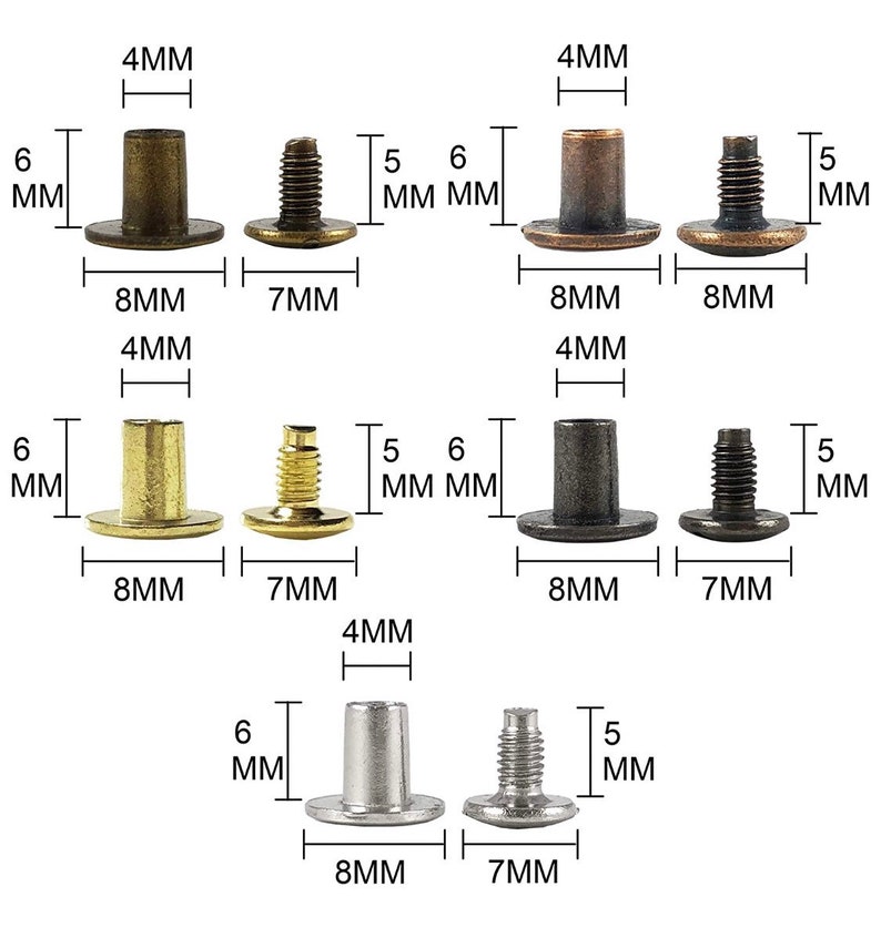 Chicago screws are shown in various colors offered with sizes of caps and shafts.