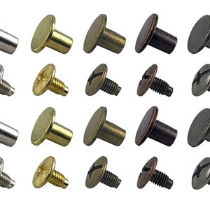 Chicago screws are shown in various colors offered. Colors include Silver, Gold, Bronze, Copper, Gray metal