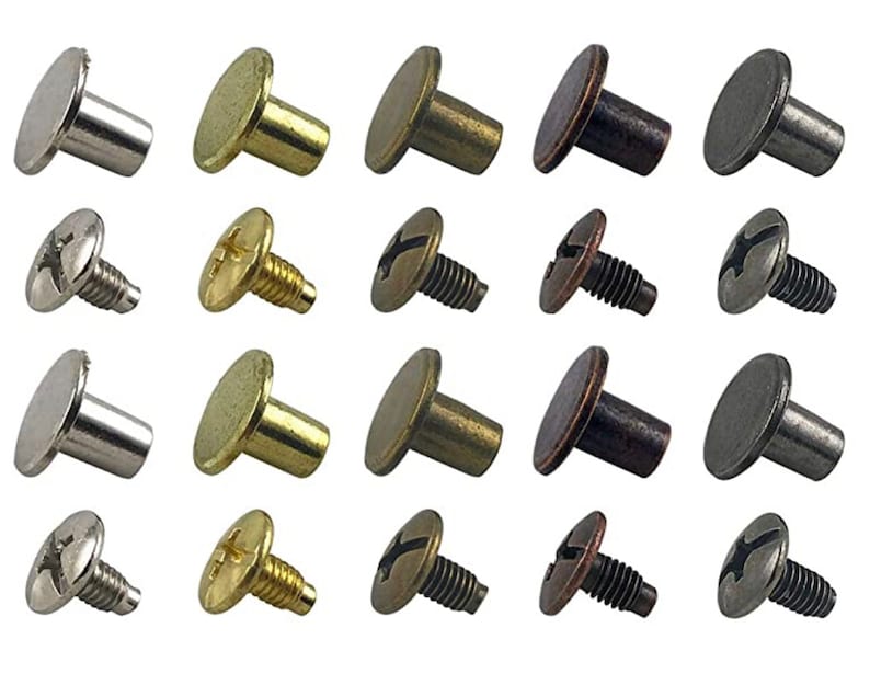 Chicago screws are shown in various colors offered. Colors include Silver, Gold, Bronze, Copper, Gray metal