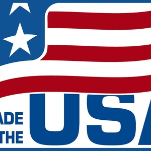 May include: A blue and red graphic with the text "MADE IN THE USA" and a stylized American flag with three white stars.