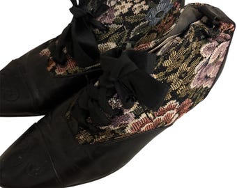 Vintage Black Tapestry Ribbon Lace Up Oxfords
