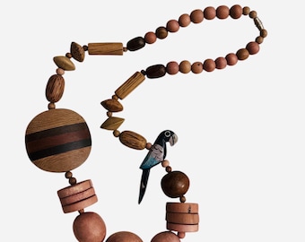 Vintage Wood Beaded Parrot Necklace