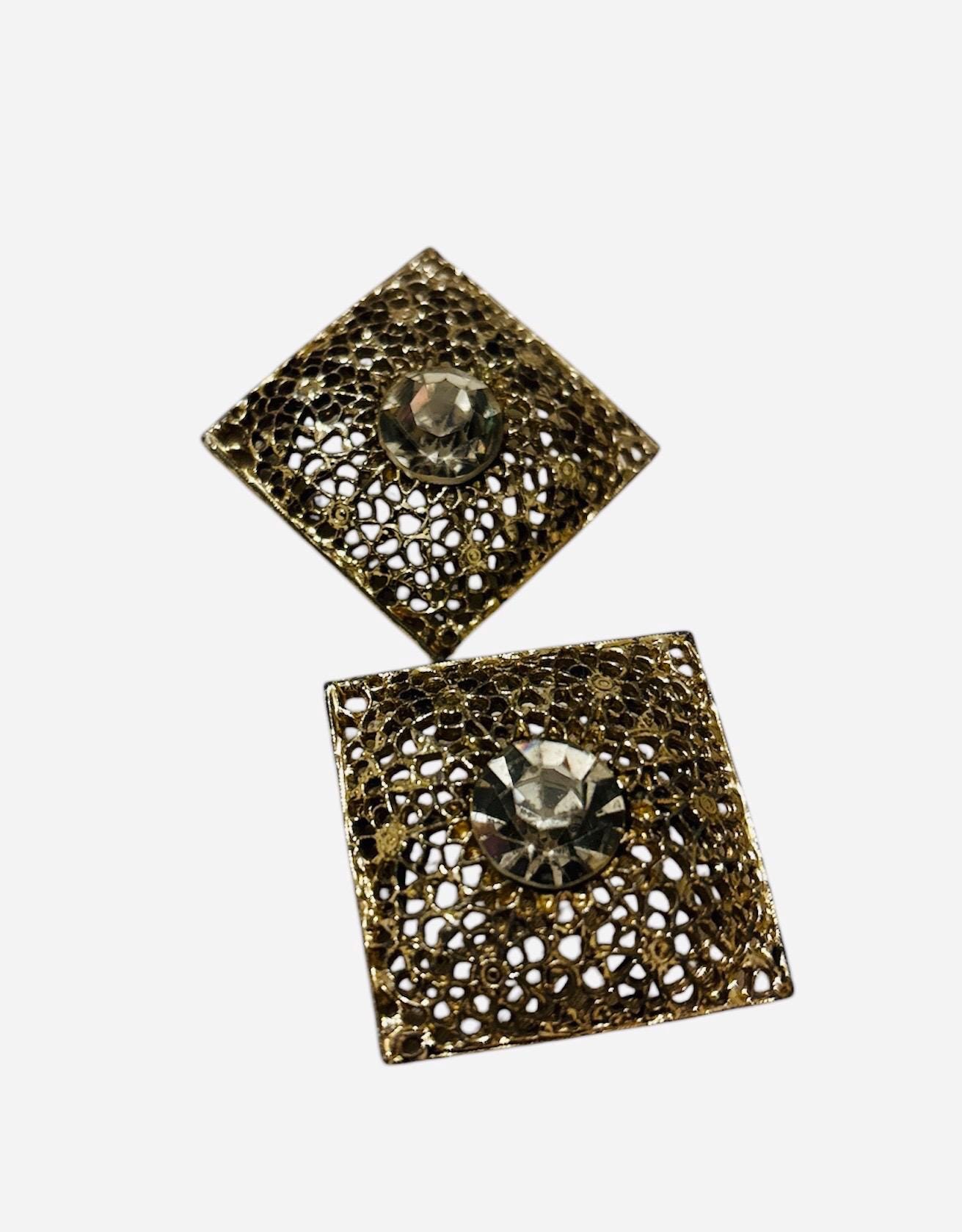 Vintage 80s Square Metal Gold Tone and Rhinestone Post Earrings