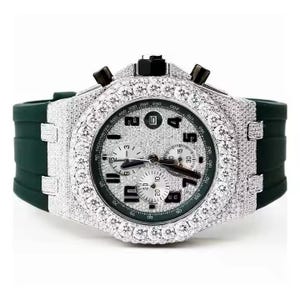Luxurious 41mm Dial Green Rubber Belt Watch, Automatic Movement Watch, Moissanite Diamond Watch, Hip Hop Bust Down Fully Iced out Watch