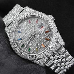 PREMIUM QUALITY 41MM Roman Color Dial Aftermarket Watch, Moissanite Diamond Watch, Fully Iced Out, Hip Hop Bling Bust Down Automatic Watch