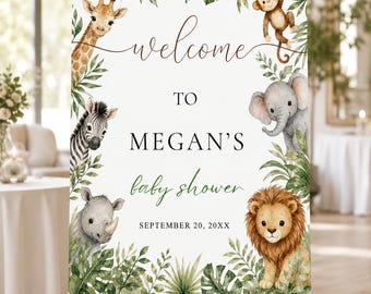 Safari Baby Shower Welcome Sign, Jungle Animals, Greenery, Editable Wild One Poster (Digital Download)