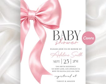 May include: A white baby shower invitation card featuring a large, glossy pink satin bow on the left side. The text reads: BABY shower, PLEASE JOIN US IN HONOR OF Adeline Smith, SEPT 25 2PM, THE SMITH RESIDENCE 123 BABY LANE, LOS ANGELES CA, RSVP TO OLIVIA (123) 456-7890, registered at TARGET & AMAZON.