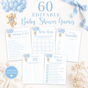 以下が含まれることがあります： 水色の風船、テディベア、および「60 Editable Baby Shower Games」、「How Well Do You Know the Mommy-to-be?」、「Baby Bingo」、「Baby Word Scramble」、「Baby Name ABC」、「Over or Under」というテキストが記載された、60枚の編集可能なベビーシャワーゲームカードのセット。