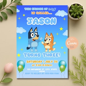 Bluey Birthday Party Invitation, Blue Dog, Cartoon Birthday Invitation, Blue Kids Birthday Invitation, Editable Bluey Invite