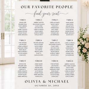 May include: A white wedding seating chart sign on a black easel featuring the text OUR FAVORITE PEOPLE, find your seat, a list of twelve tables with guest names, and the names OLIVIA & MICHAEL with the date OCTOBER 20, 20XX in black lettering.