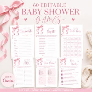 Pode incluir: Uma coleção de 60 cartões de jogos editáveis para chá de bebê com texto e gráficos de fita rosa. Os cartões incluem títulos como Baby Word Scramble, The Price Is Right, Find The Guest Bingo, Baby Item ABC, What's In Your Purse e Over or Under.