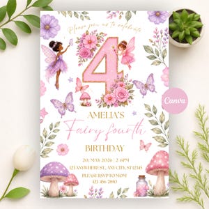 Fairy Fourth Birthday Invitation, Fairy 4th Birthday Invite Girl, Garden Fairy Birthday, Canva Template