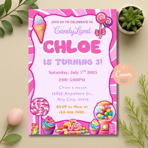 Sweet Celebration Birthday Invitation, Editable Candy Land Invite, Candy Birthday Party Invitation, Candyland, Printable Canva Template