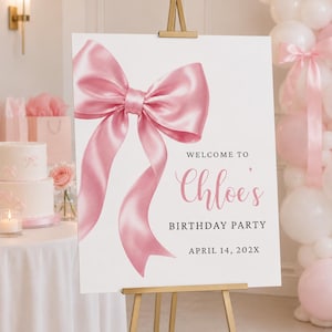 Sjabloon voor een welkomstbord met roze strik voor een verjaardag, roze feestposter, decoratie voor een diner of evenement, Canva-sjabloon