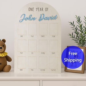 Tablero de fotos personalizado para el primer año, letrero para el primer año, tablero para fotos de bebé, exhibición de fotos del primer cumpleaños, tablero de madera para fotos del primer año